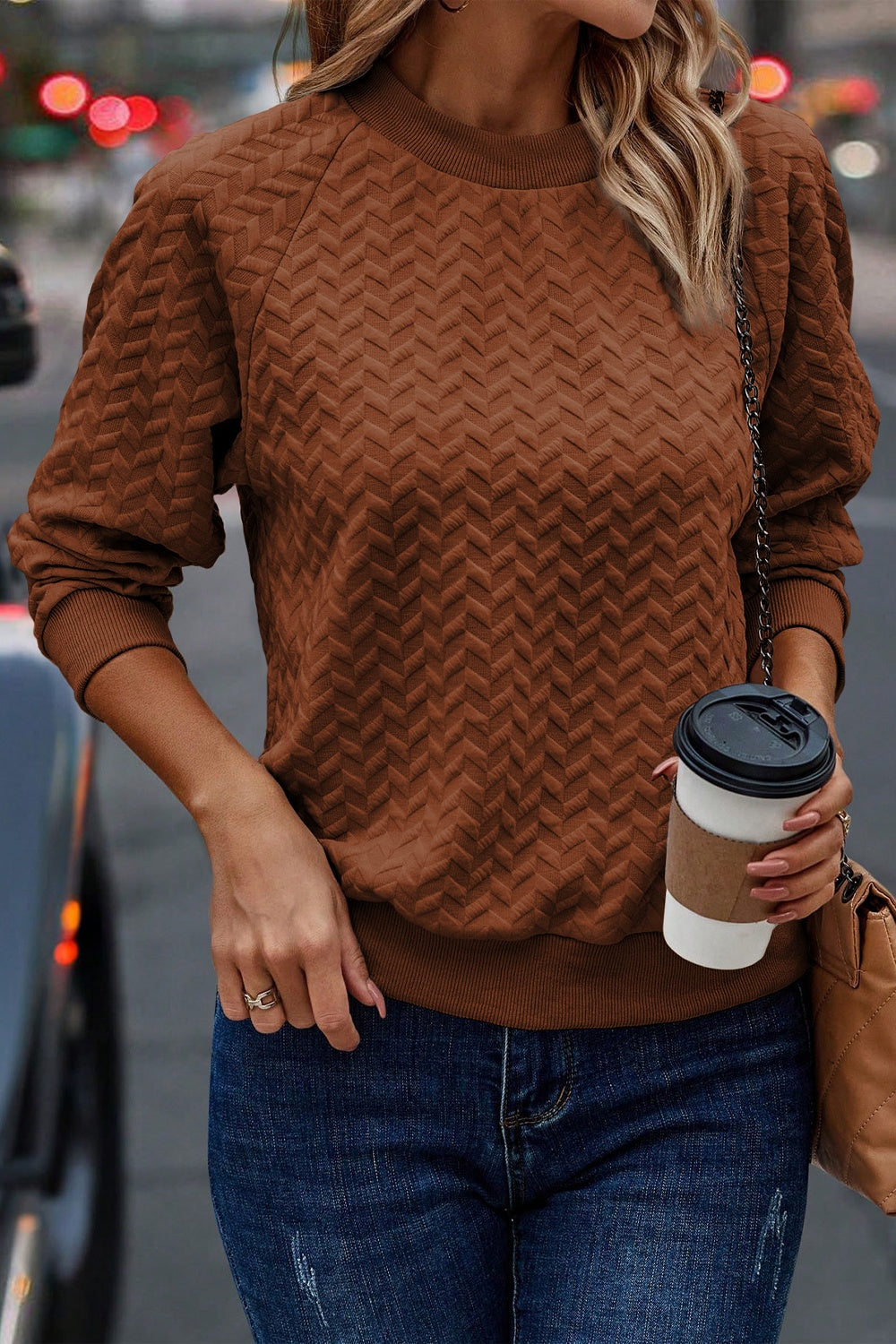 Texture Round Neck Long Sleeve Sweatshirt