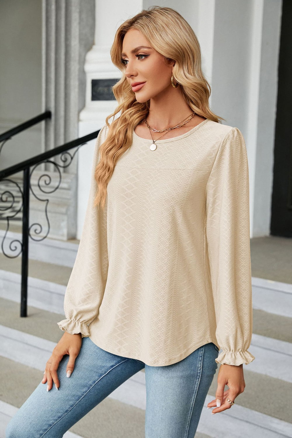 Round Neck Flounce Sleeve Blouse