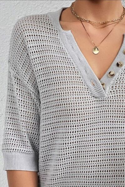 Openwork Half Button Dropped Shoulder Knit Top