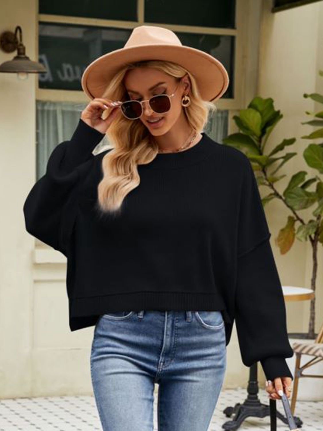 Round Neck Dropped Shoulder Sweater