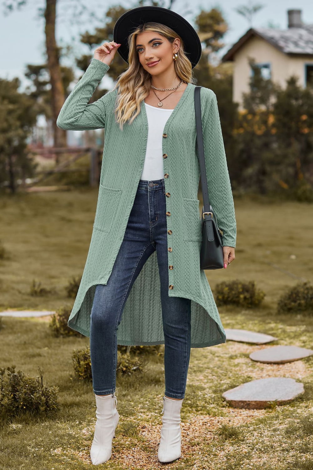 V-Neck Long Sleeve Cardigan with Pocket