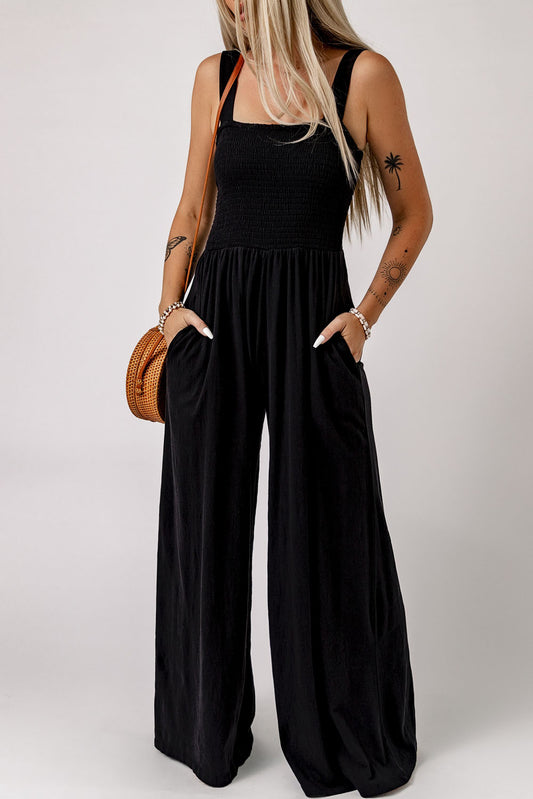 Smocked Square Neck Wide Leg Jumpsuit with Pockets