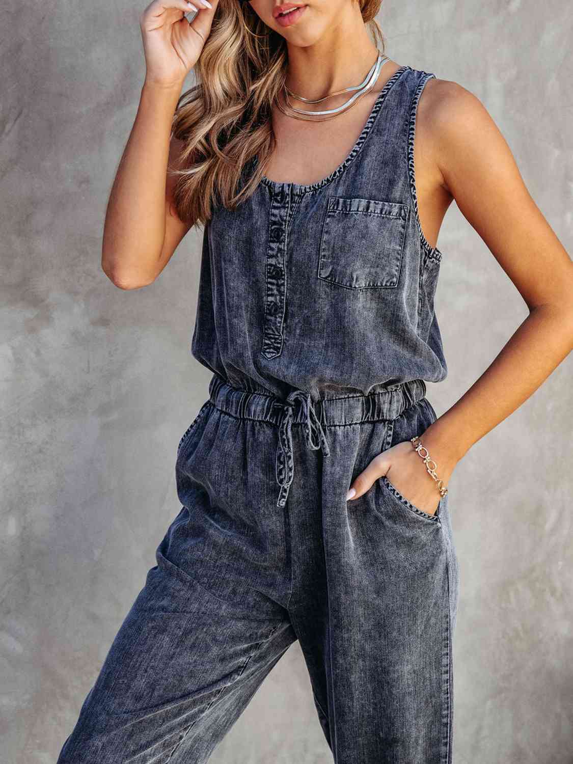 Drawstring Waist Sleeveless Jumpsuit