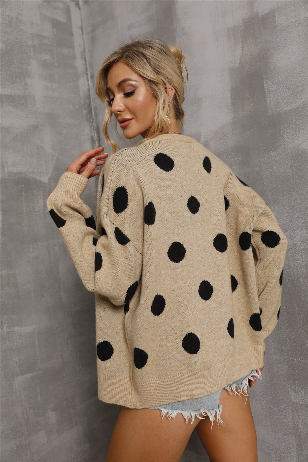 Dropped Shoulder Polka Dot Cardigan