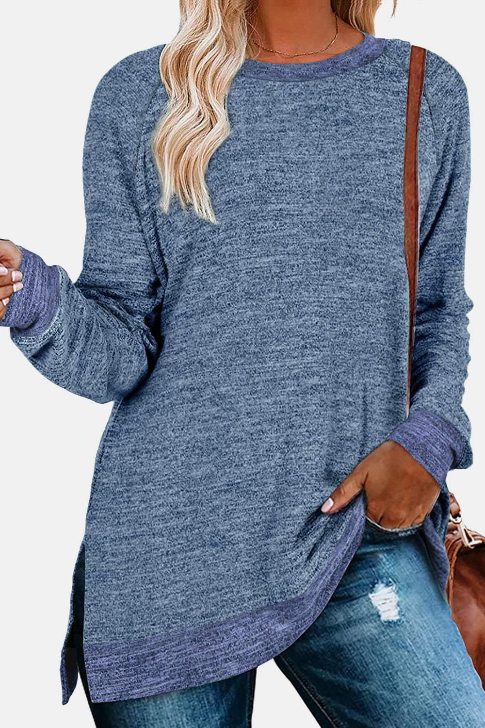 Round Neck Long Sleeve Slit T-Shirt