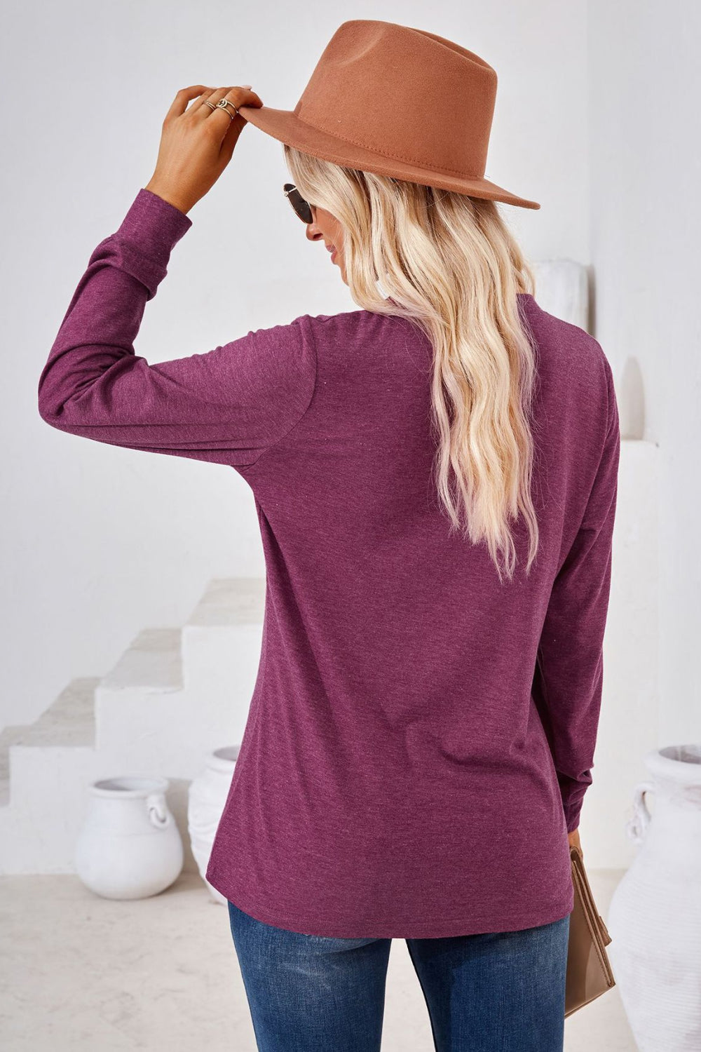 V-Neck Buttoned Long Sleeve Blouse