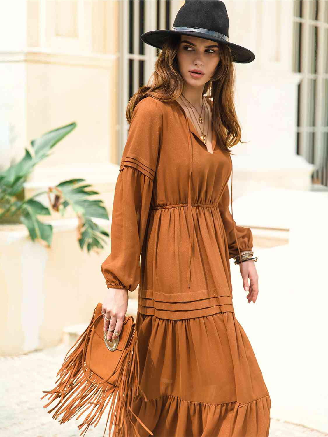 Tie Neck Long Sleeve Midi Tiered Dress