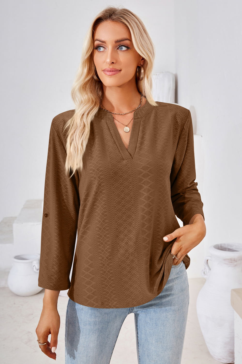 V-Neck Roll-Tap Sleeve Blouse