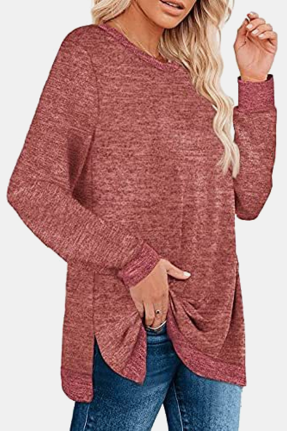 Round Neck Long Sleeve Slit T-Shirt