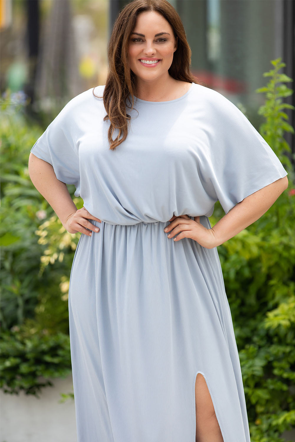 Plus Size Round Neck Split Flutter Sleeve Maxi Dress