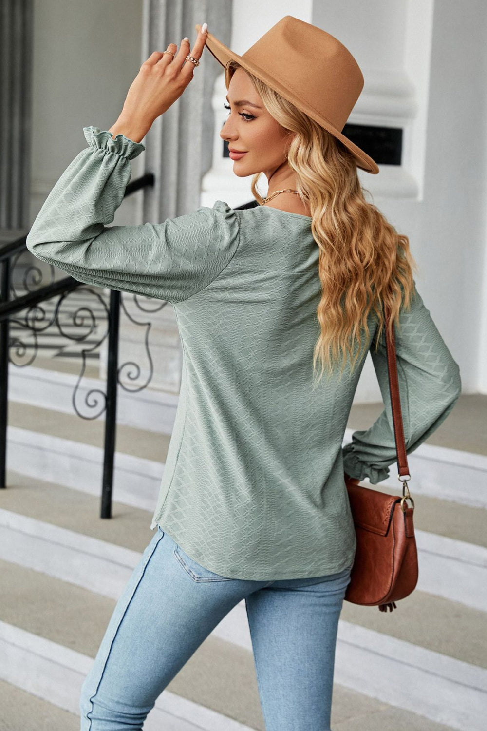 Round Neck Flounce Sleeve Blouse